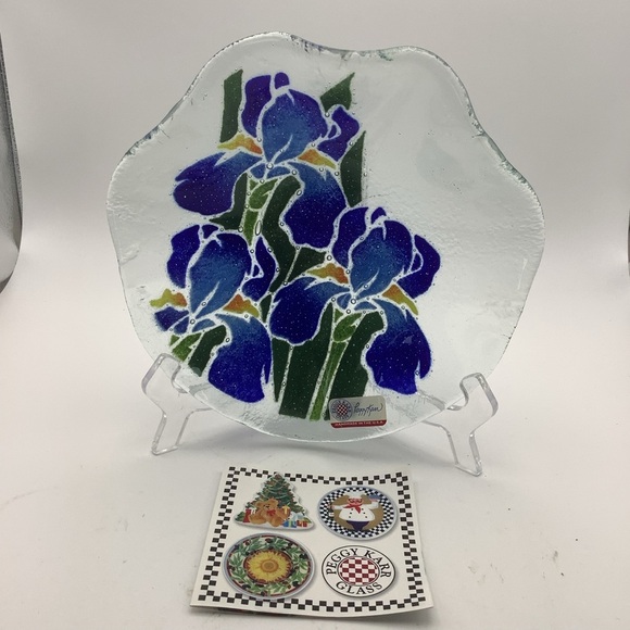 Peggy Karr Hand Fused Glass Bowl Featuring Blue Irises - Picture 2 of 13